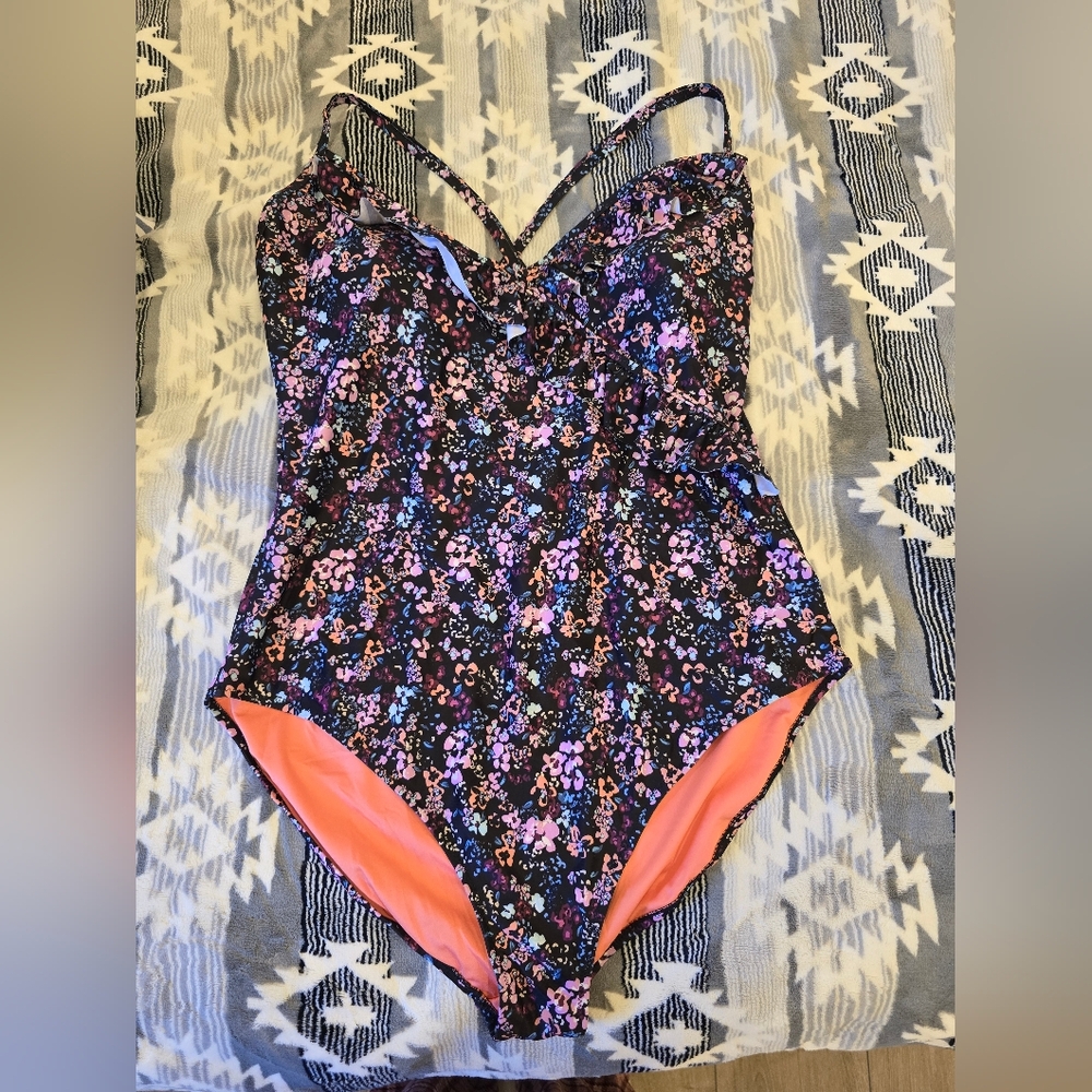 Fat Face Floral One Piece Swimsuit - Black and Pink